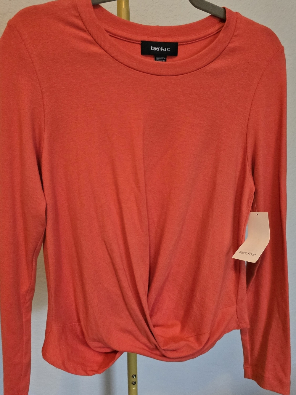 Karen Kane Coral-Red Twist Front Long Sleeve Tee